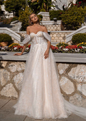 Off Shoulder Beaded Lace Tulle Princess Wedding Dress
